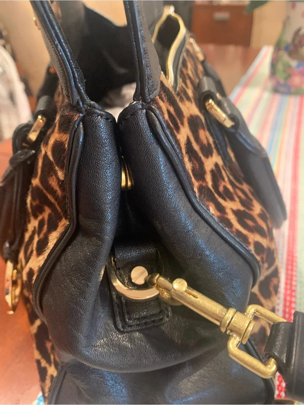 Michael Kors Leopard Print Satchel with Black Trim and Gold Hardware - Picture 14 of 15